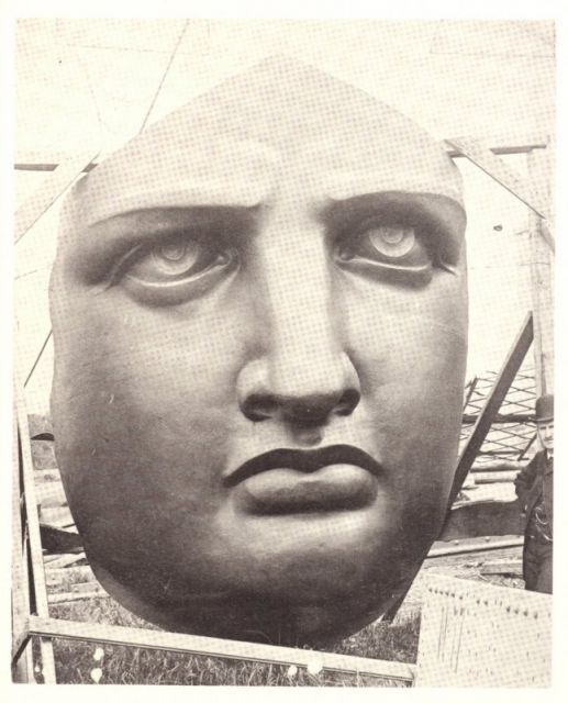 Face of Statue of Liberty uncrated on Liberty Island (Bedloe's Island) in 1885.
